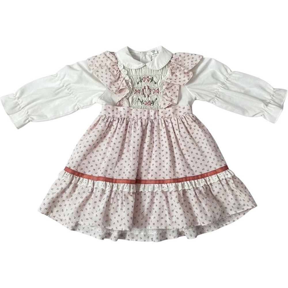 Vintage Health-tex Girls Pink Floral Smocked Dress Peter Pan Collar Size 2T